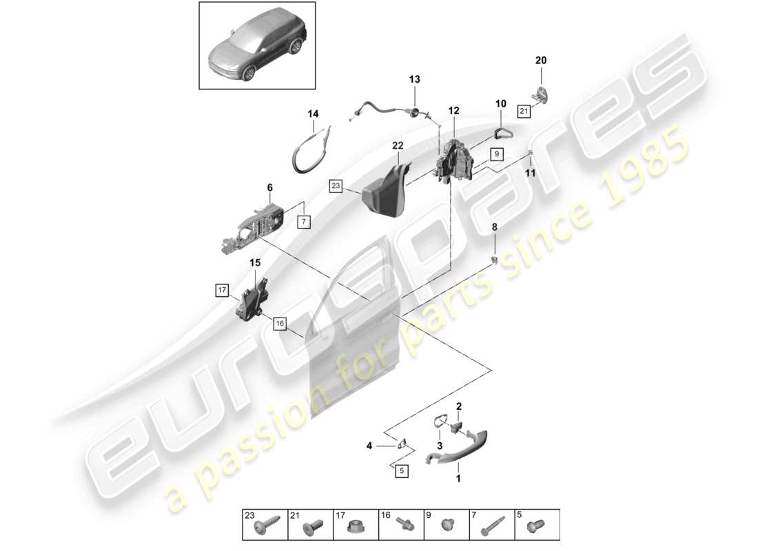 porsche 2022 (cayenne e3 9ya/9yb) maniglia della porta, anteriore esterna schema delle parti della serratura della porta