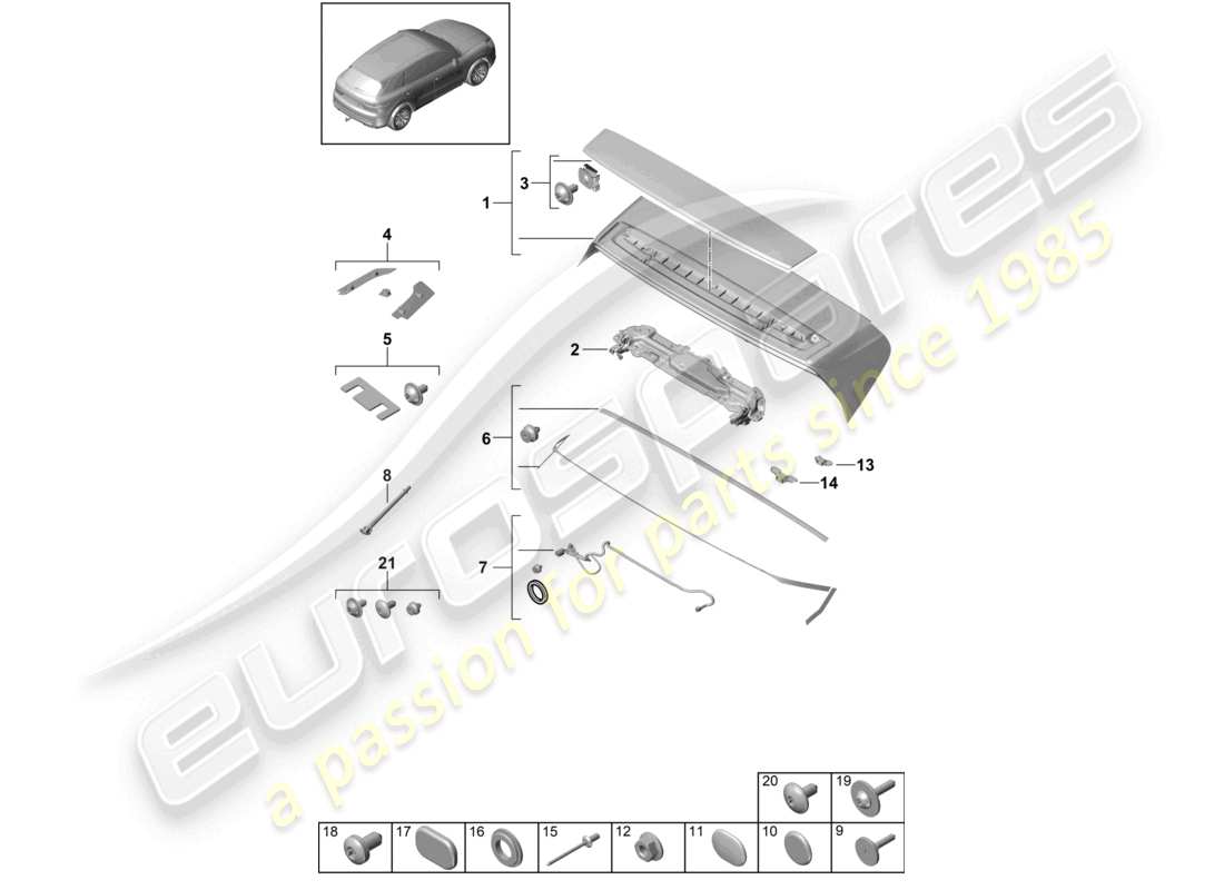 porsche 2022 (cayenne e3 9ya/9yb) schema delle parti del turbocompressore dello spoiler posteriore
