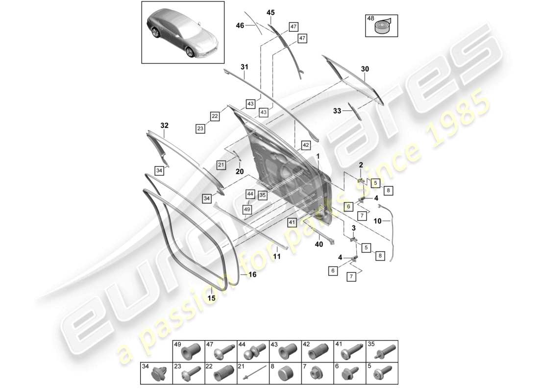 porsche 2021 (panamera 971-1) schema delle parti del guscio della porta anteriore della guarnizione