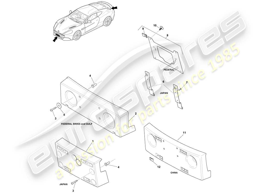 aston martin vanquish (2013) plinti per targa diagramma delle parti