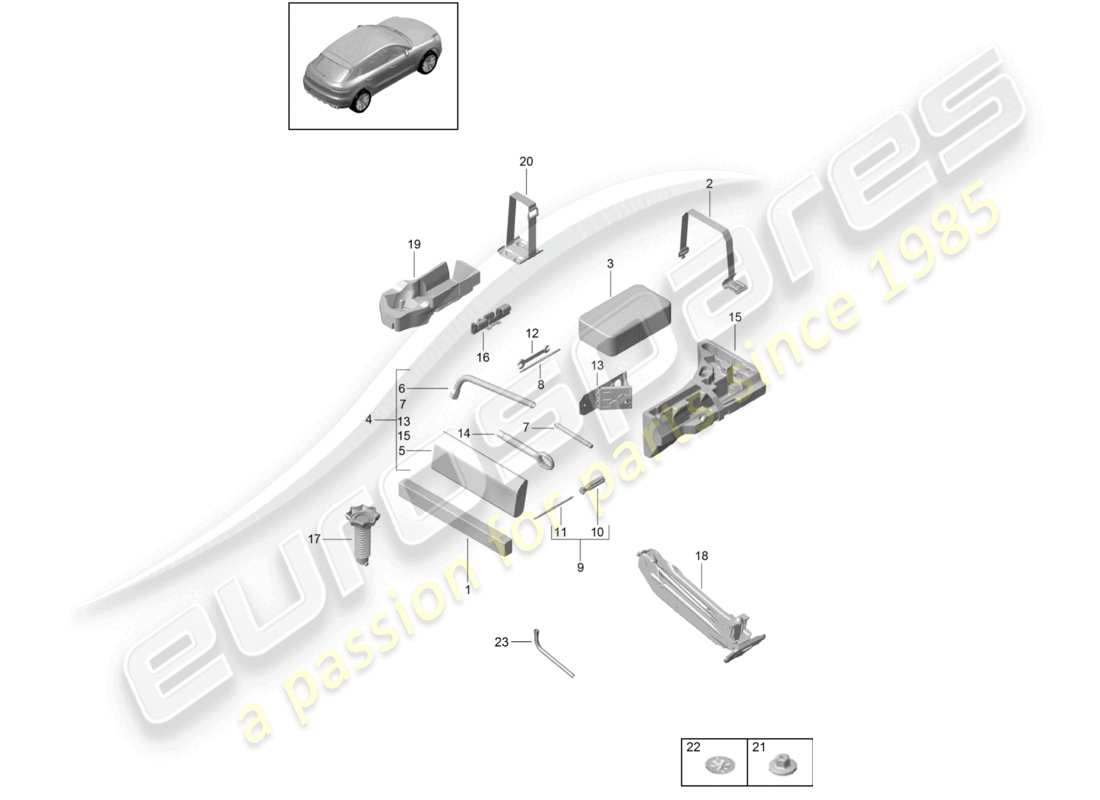 porsche 2021 (macan) schema dei componenti del kit di pronto soccorso con triangolo di emergenza per martinetto portautensili
