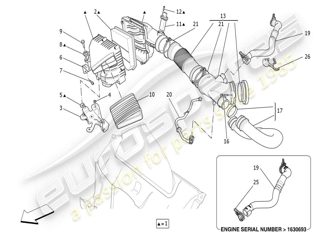maserati ghibli (2021) diagramma delle parti del filtro dell'aria, della presa d'aria e dei condotti