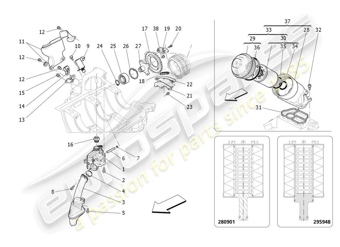 maserati quattroporte (2018) sistema di lubrificazione: diagramma delle parti di pompa e filtro
