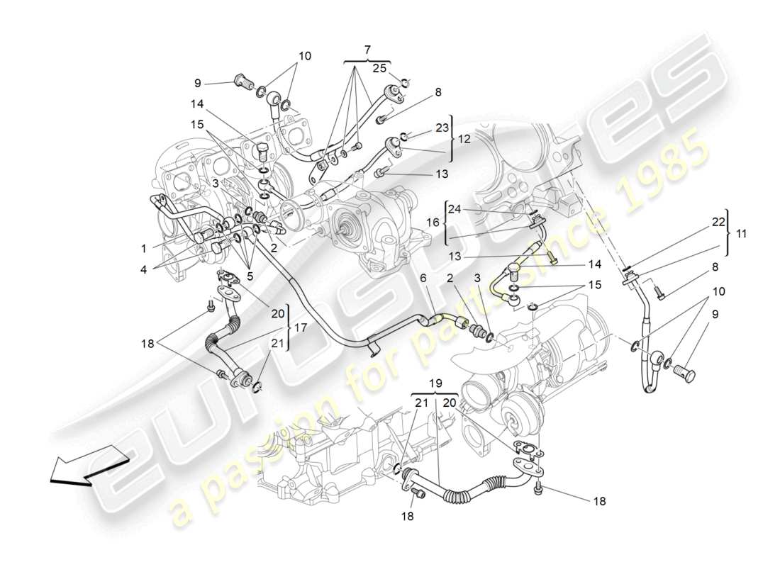 maserati levante gts (2020) sistema turbocompressore: lubrificazione e raffreddamento schema delle parti