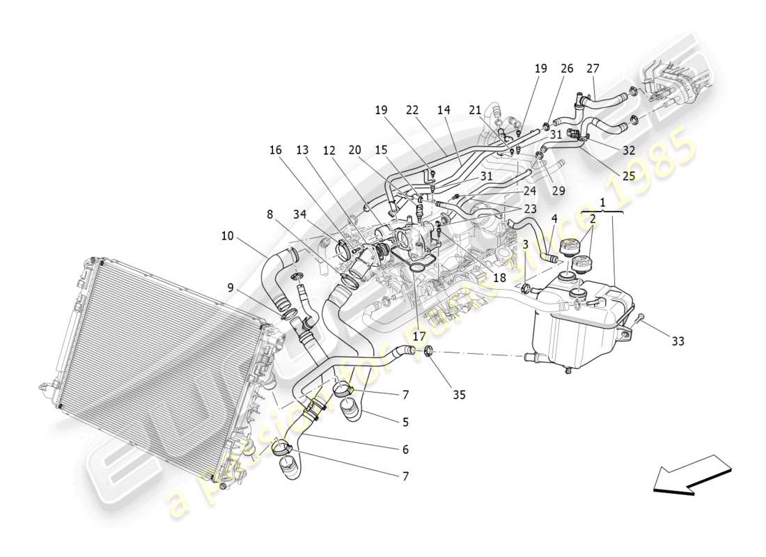 maserati quattroporte (2018) sistema di raffreddamento: diagramma delle parti di nourice e linee