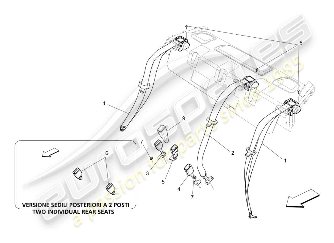 maserati quattroporte (2018) diagramma delle parti delle cinture di sicurezza posteriori