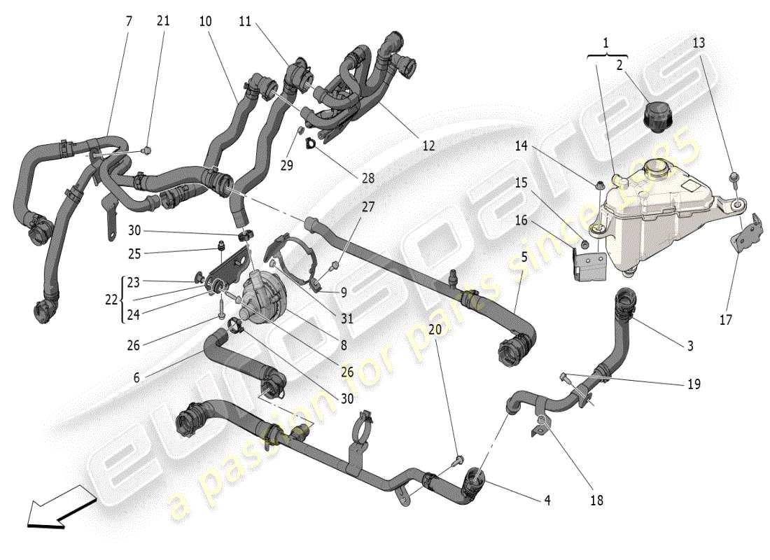 maserati grecale modena (2023) sistema di raffreddamento: diagramma delle parti di nourice e linee