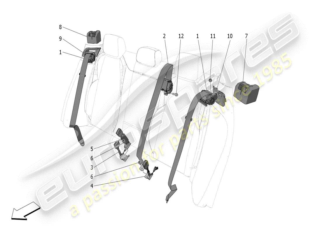 maserati grecale modena (2023) diagramma delle parti delle cinture di sicurezza posteriori