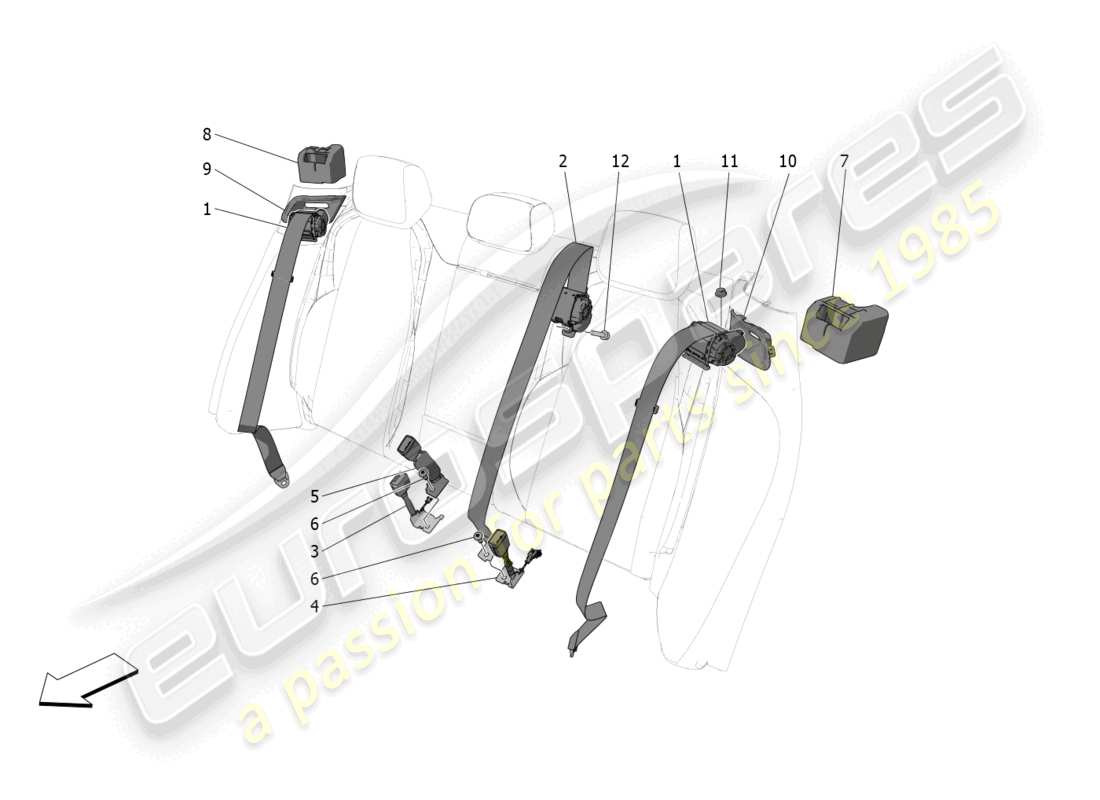 maserati grecale trofeo (2023) cinture di sicurezza posteriori diagramma delle parti
