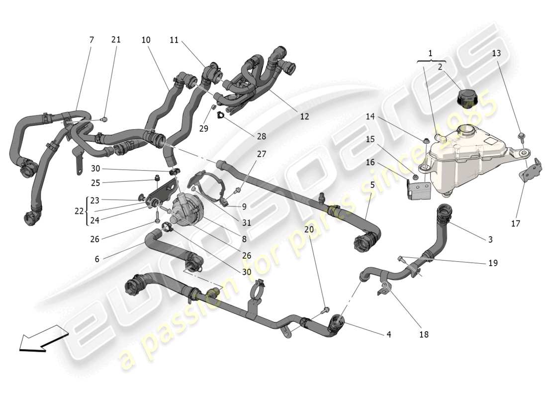 maserati grecale gt (2023) sistema di raffreddamento: diagramma delle parti di nourice e linee