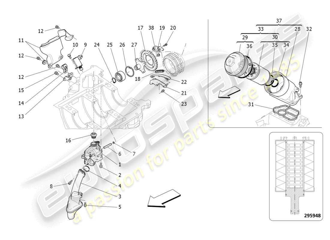 maserati levante modena s (2022) sistema di lubrificazione: diagramma delle parti di pompa e filtro