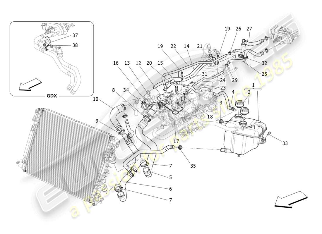 maserati levante gts (2020) sistema di raffreddamento: diagramma delle parti di nourice e linee