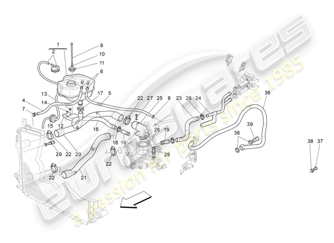 maserati grancabrio mc (2013) sistema di raffreddamento: diagramma delle parti di nourice e linee