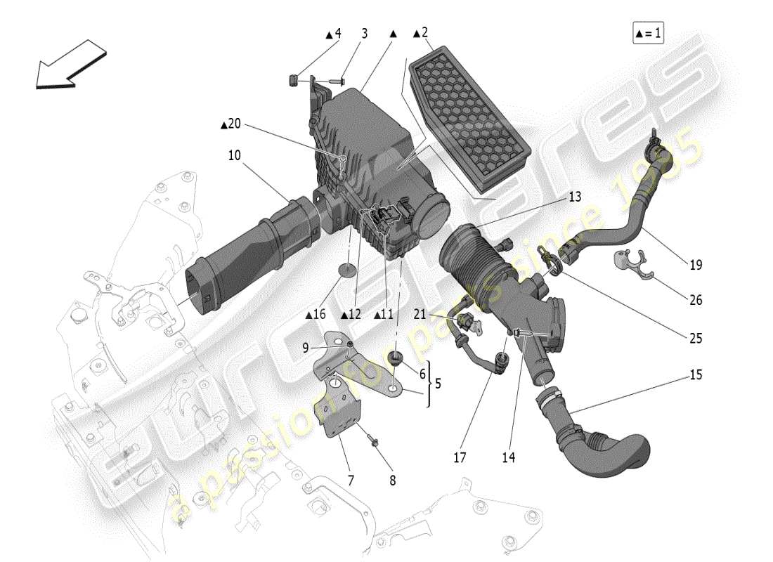 maserati grecale modena (2023) diagramma delle parti del filtro dell'aria, della presa d'aria e dei condotti
