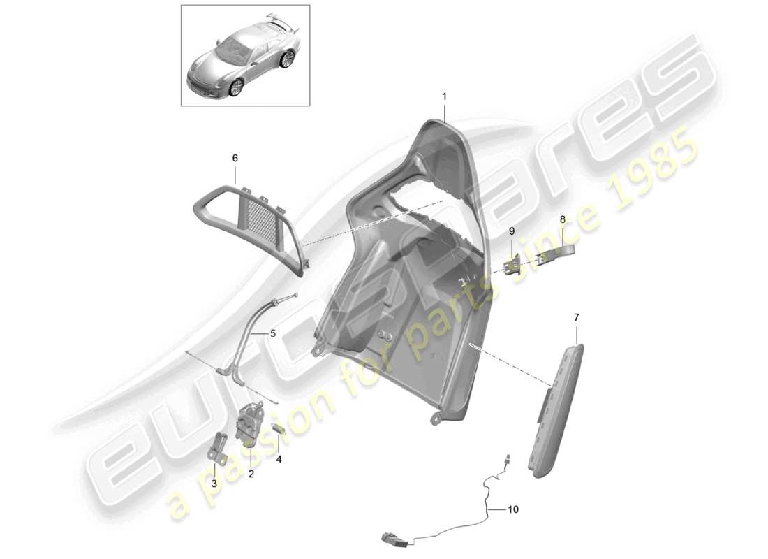 porsche 2021 (991-2 r/gt3/rs) schema delle parti degli accessori pieghevoli del sedile a guscio dello schienale