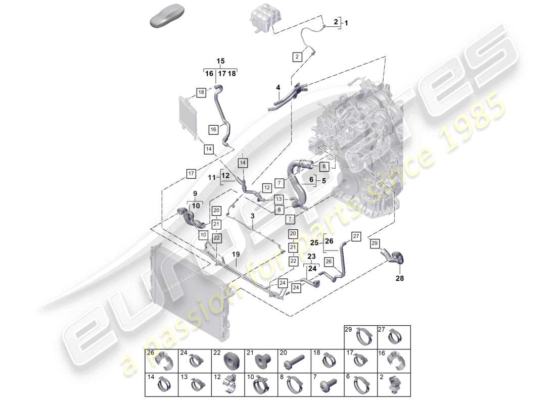 porsche 2026 (cayenne e3 pa) sistema di raffreddamento del liquido di raffreddamento serbatoio di espansione del liquido di raffreddamento tubo del liquido di raffreddamento diagramma delle parti