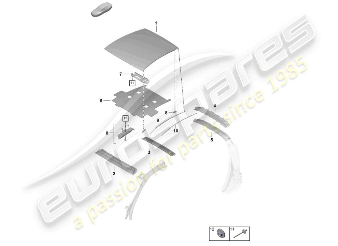 porsche 2025 (992-2) schema dei componenti della traversa del tetto coupe targa