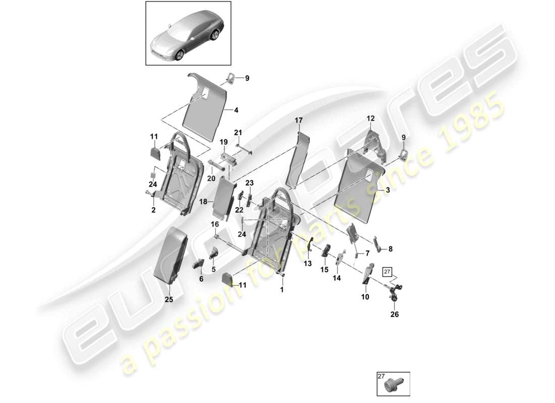 porsche 2021 (panamera 971-1) schienale del sedile posteriore accessori di finitura versione comfort versione sportiva schema dei componenti