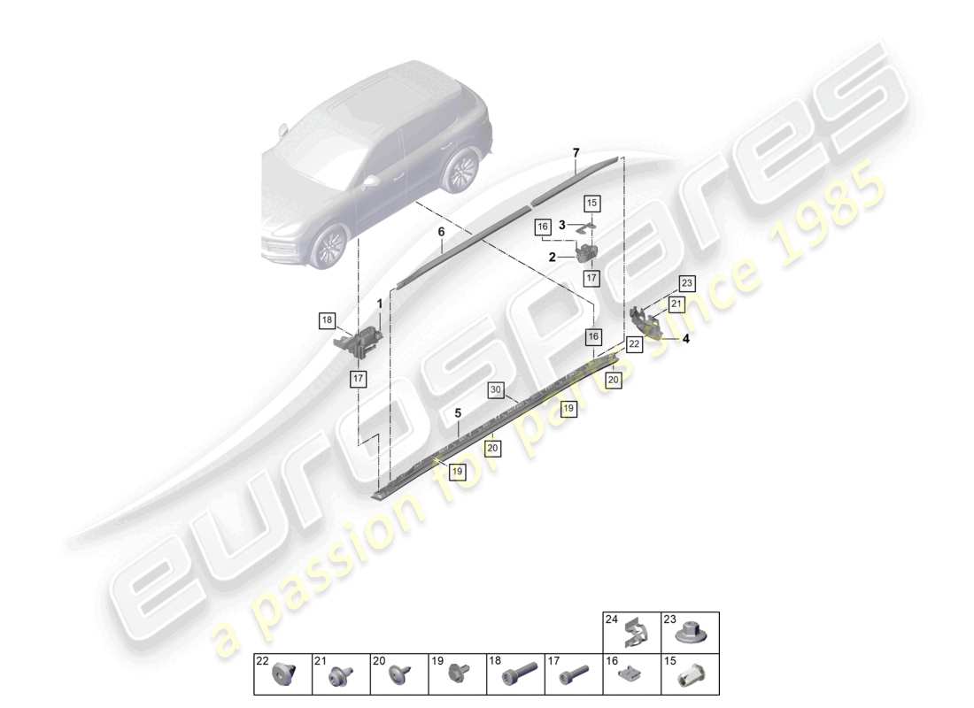 porsche 2025 (cayenne e3 pa) schema dei componenti degli accessori del pacchetto sport design per le modanature laterali