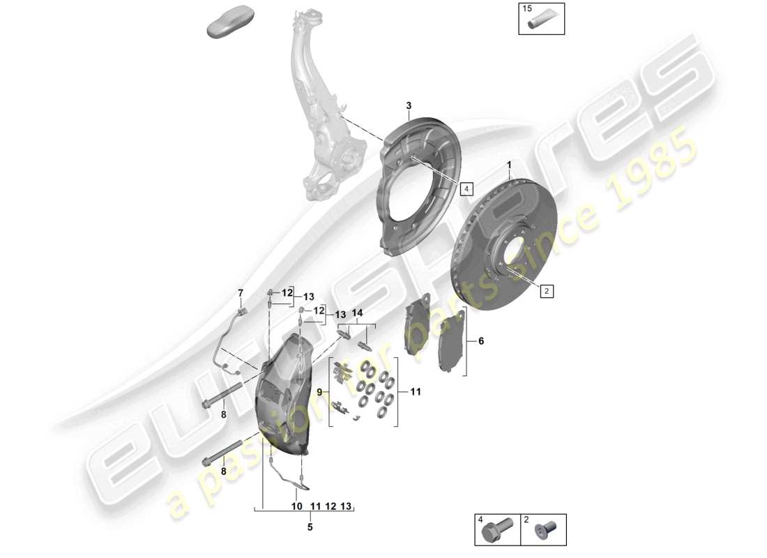 porsche 2025 (panamera 976) freno a disco 20 assale anteriore nero verde rosso schema delle parti