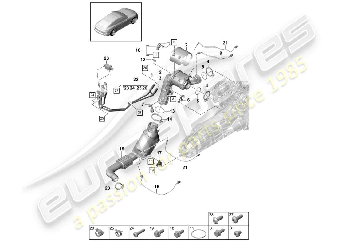 porsche 2021 (panamera 971-1) sistema di scarico convertitore catalitico filtro antiparticolato diesel sonda lambda schema dei componenti
