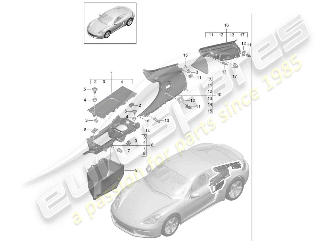 porsche 2021 (718 cayman) finiture laterali posteriori vano motore e diagramma delle parti del vano motore