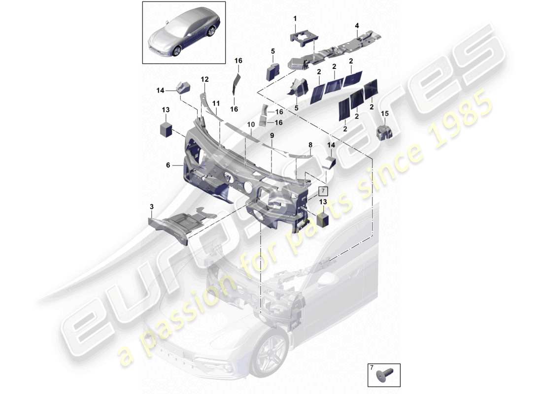 porsche 2021 (panamera 971-1) assorbitore acustico abitacolo parte anteriore sottoscocca schema delle parti