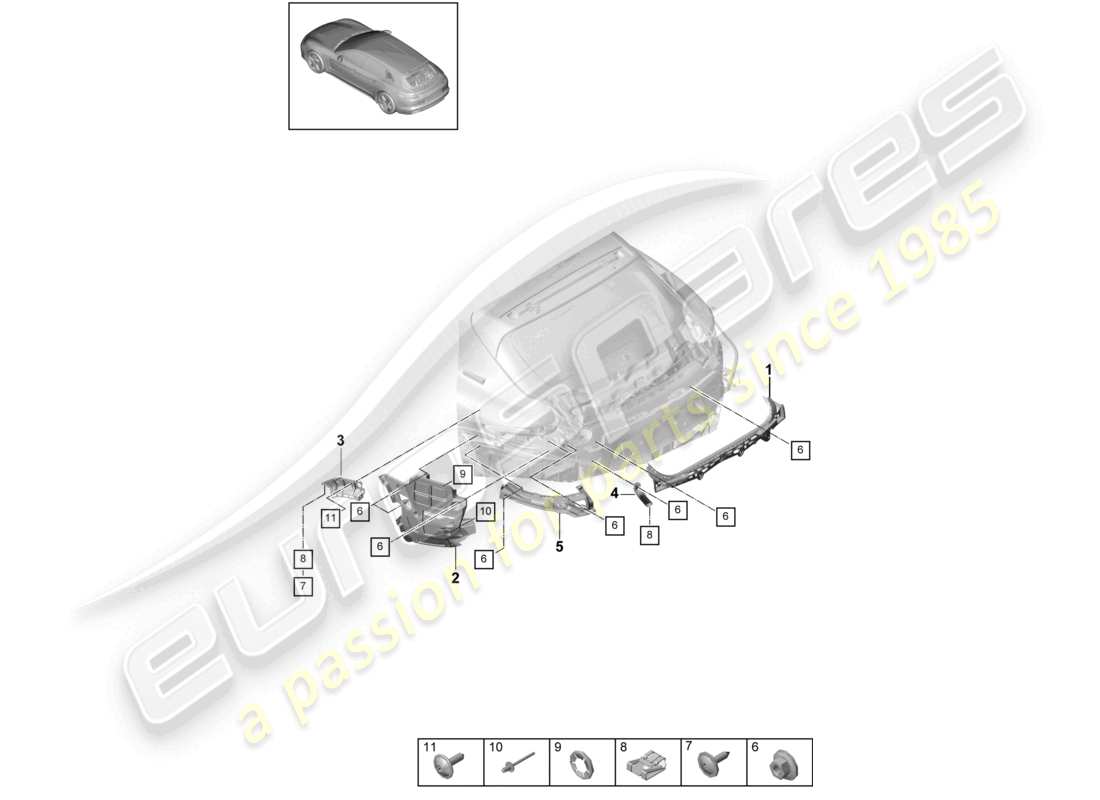 porsche 2021 (panamera 971-1) fissaggi paraurti posteriore diagramma delle parti