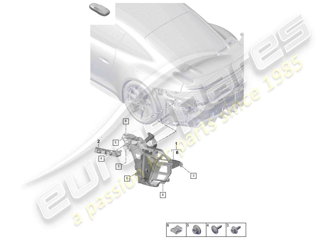 porsche 2026 (992-2 gt3) diagramma delle parti dei dispositivi di fissaggio del paraurti posteriore