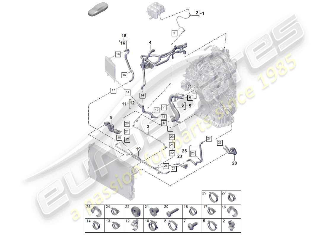 porsche 2026 (cayenne e3 pa) sistema di raffreddamento del liquido di raffreddamento serbatoio di espansione del liquido di raffreddamento tubo del liquido di raffreddamento diagramma delle parti