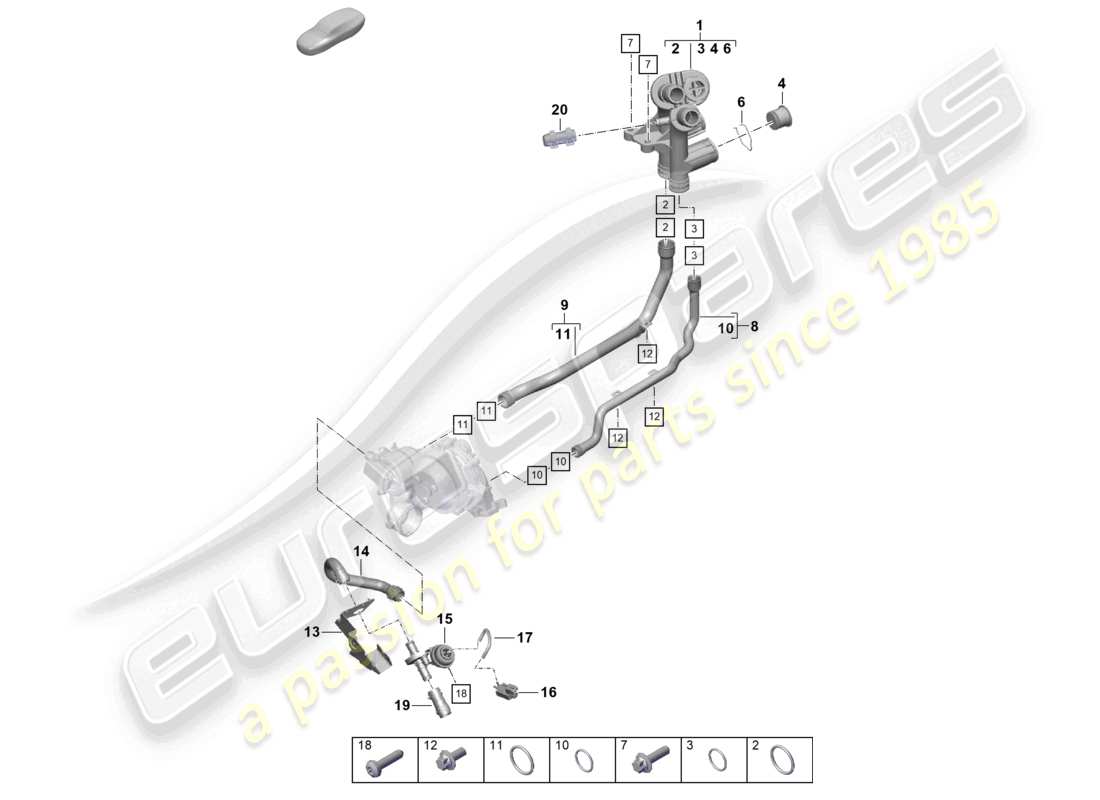 porsche 2021 (718 cayman gt4) sistema di raffreddamento del liquido di raffreddamento distributore per liquido di raffreddamento schema delle parti del motore