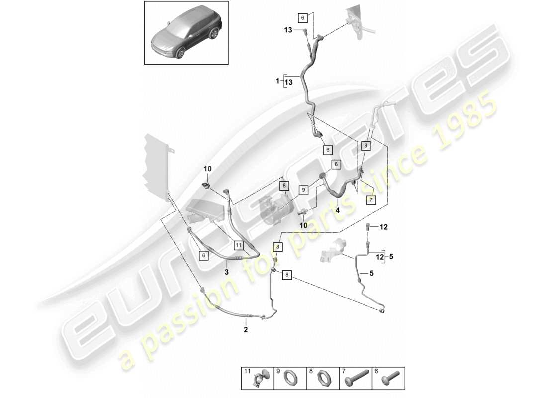 porsche 2023 (cayenne e3 9ya/9yb) circuito refrigerante v6 r134a per veicoli con trazione ibrida schema delle parti