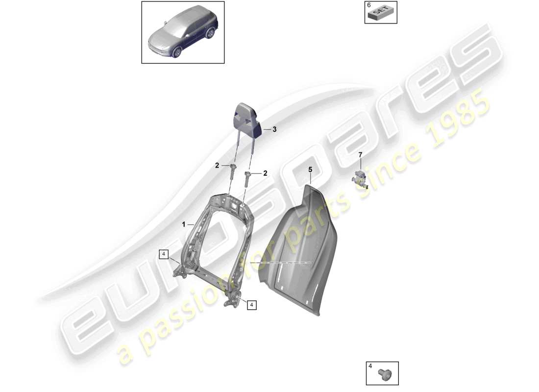 porsche 2022 (cayenne e3 9ya/9yb) telaio dello schienale guscio dello schienale sedile sportivo schema delle parti