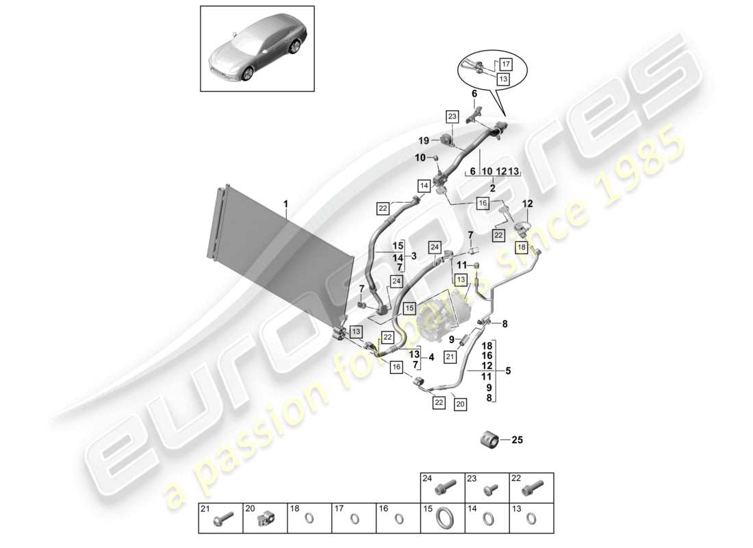 porsche 2021 (panamera 971-1) circuito refrigerante anteriore v6 2,9l diagramma delle parti ibride turbo