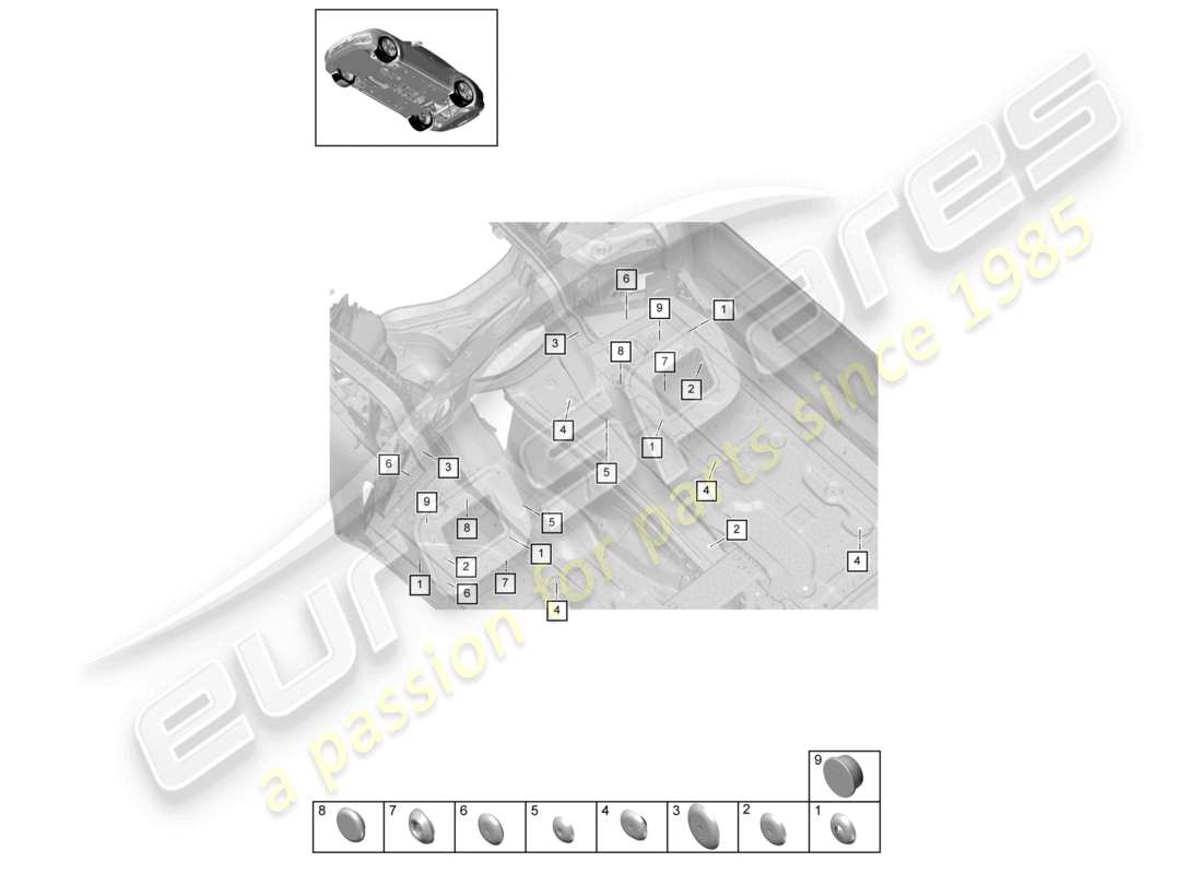 porsche 2021 (panamera 971-1) diagramma delle parti del sottoscocca anteriore dei tappi