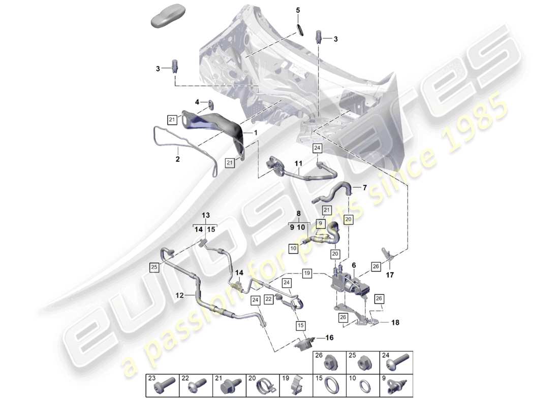 porsche 2026 (cayenne e3 pa) riscaldamento, sistema di aria condizionata, scatola dell'acqua lato guida per veicoli con trazione ibrida, schema delle parti
