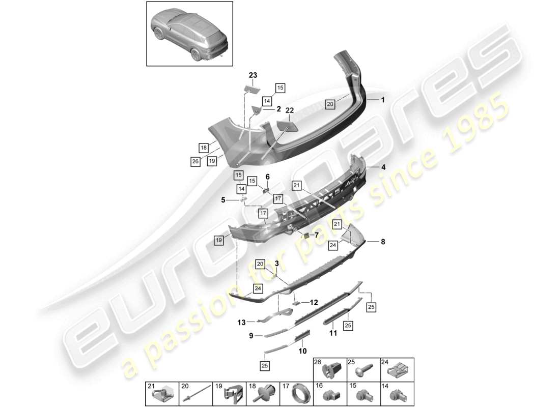 porsche 2023 (cayenne e3 9ya/9yb) paraurti posteriore turbo diagramma delle parti