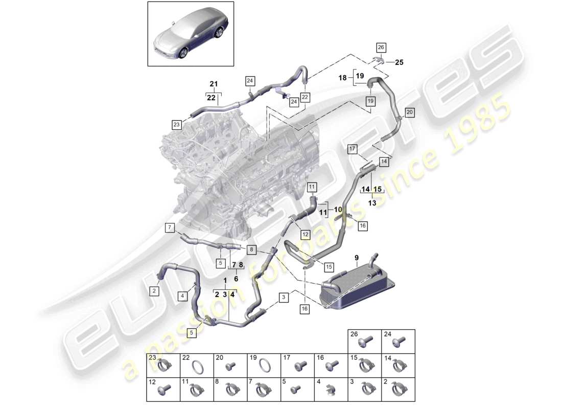 porsche 2021 (panamera 971-1) sistema di raffreddamento del liquido di raffreddamento per veicoli con trazione ibrida schema delle parti