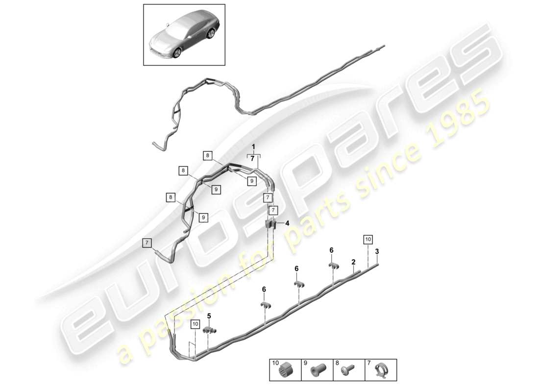 porsche 2021 (panamera 971-1) schema delle parti ibride e del sottoscocca del longherone sinistro del tubo del liquido di raffreddamento