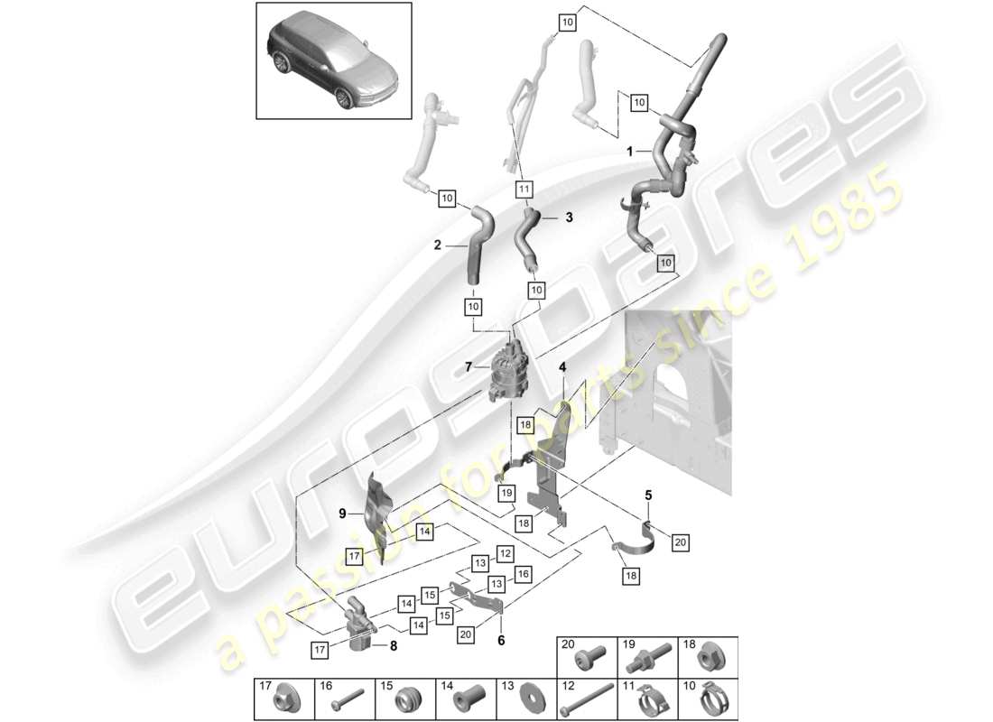 porsche 2022 (cayenne e3 9ya/9yb) riscaldatore v8 circuito a bassa temperatura anteriore sinistro per veicoli con trazione ibrida schema dei componenti