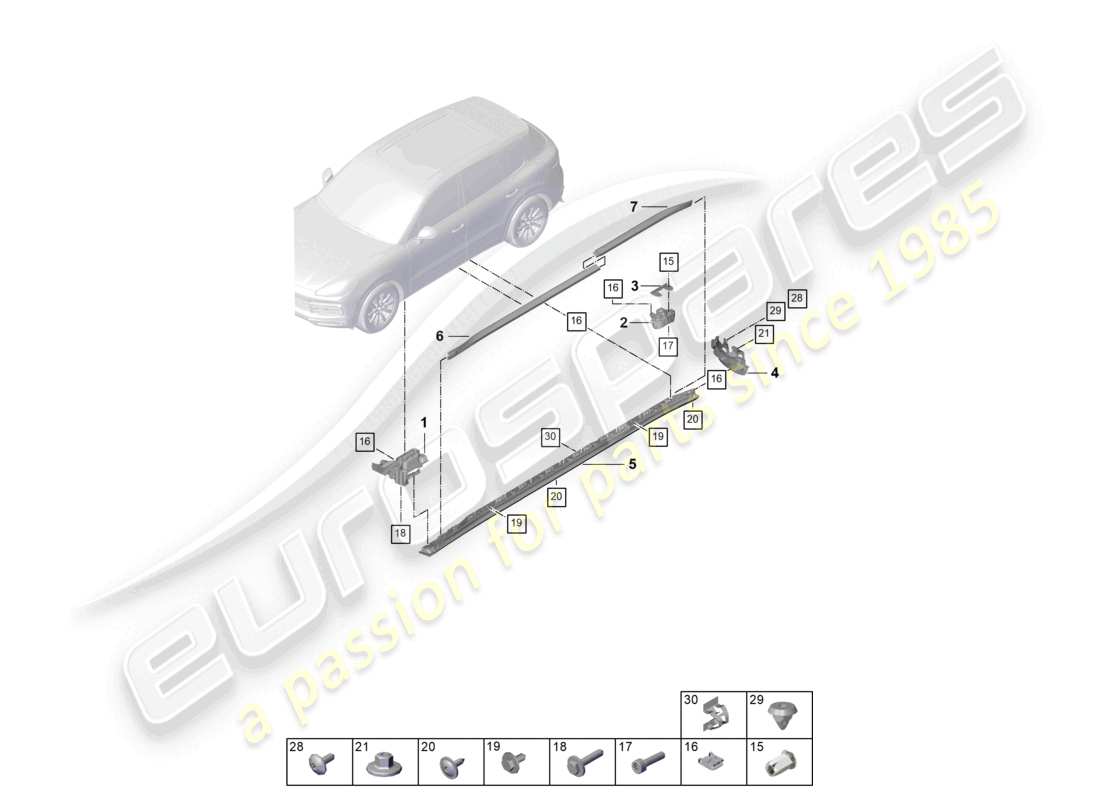 porsche 2025 (cayenne e3 pa) schema delle parti degli accessori di base per il rivestimento dei longheroni