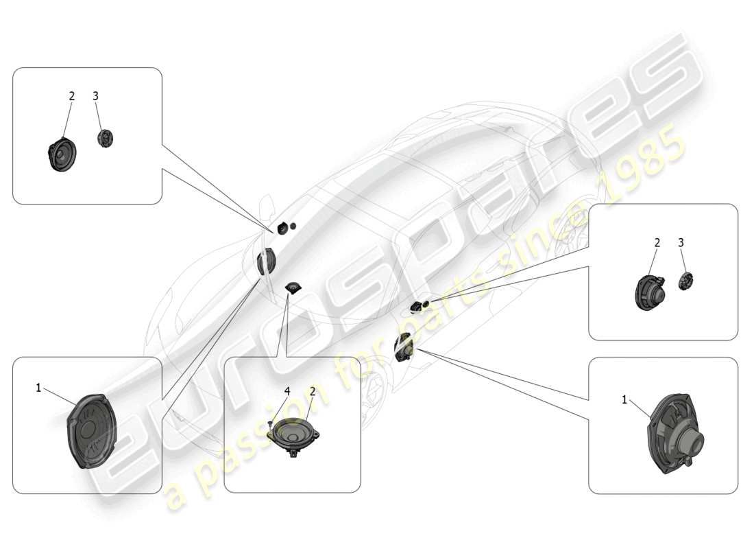 maserati mc20 cielo (2023) schema delle parti del sistema di diffusione del suono