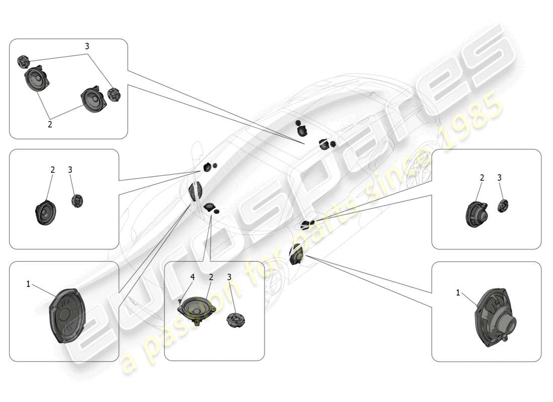 maserati mc20 cielo (2023) schema delle parti del sistema di diffusione del suono