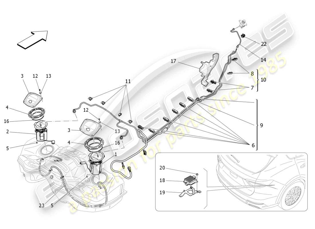 maserati levante gts (2020) diagramma delle parti delle pompe del carburante e delle linee di collegamento