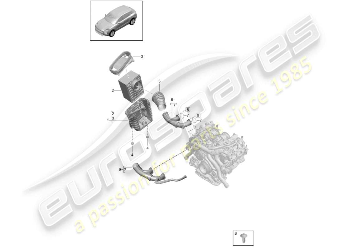 porsche 2021 (macan) elemento del filtro dell'aria schema delle parti dell'alloggiamento del filtro dell'aria