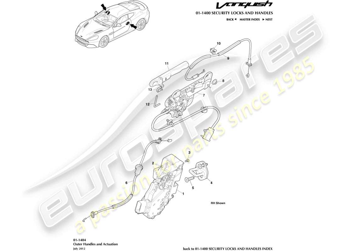 aston martin vanquish (2015) maniglie esterne e diagramma delle parti di attuazione
