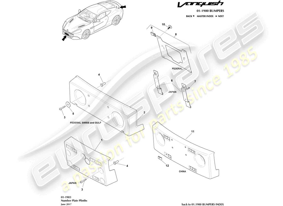 aston martin vanquish (2015) plinti per targa diagramma delle parti