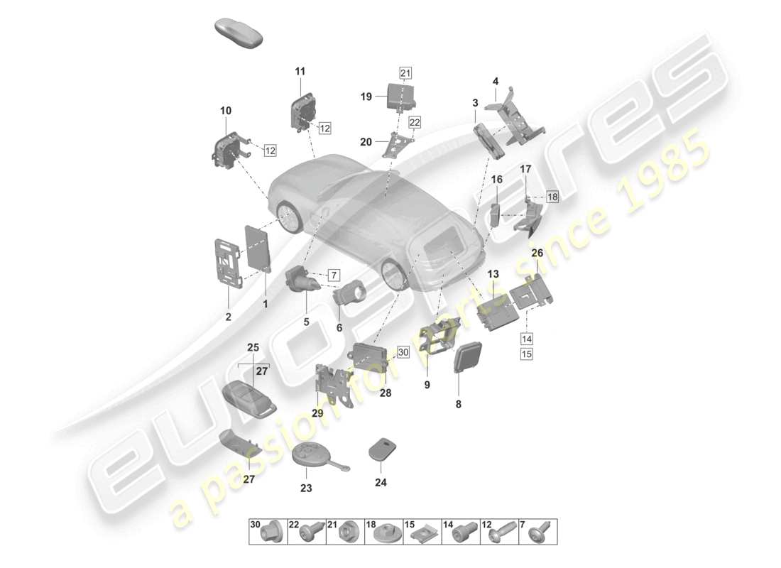 porsche 2024 (panamera 971-2) unità di controllo parte anteriore parte posteriore interruttore di accensione/avviamento riscaldatore ausiliario unità di controllo per la regolazione della distanza per veicoli con assistenza al cambio di corsia spoiler schema delle parti