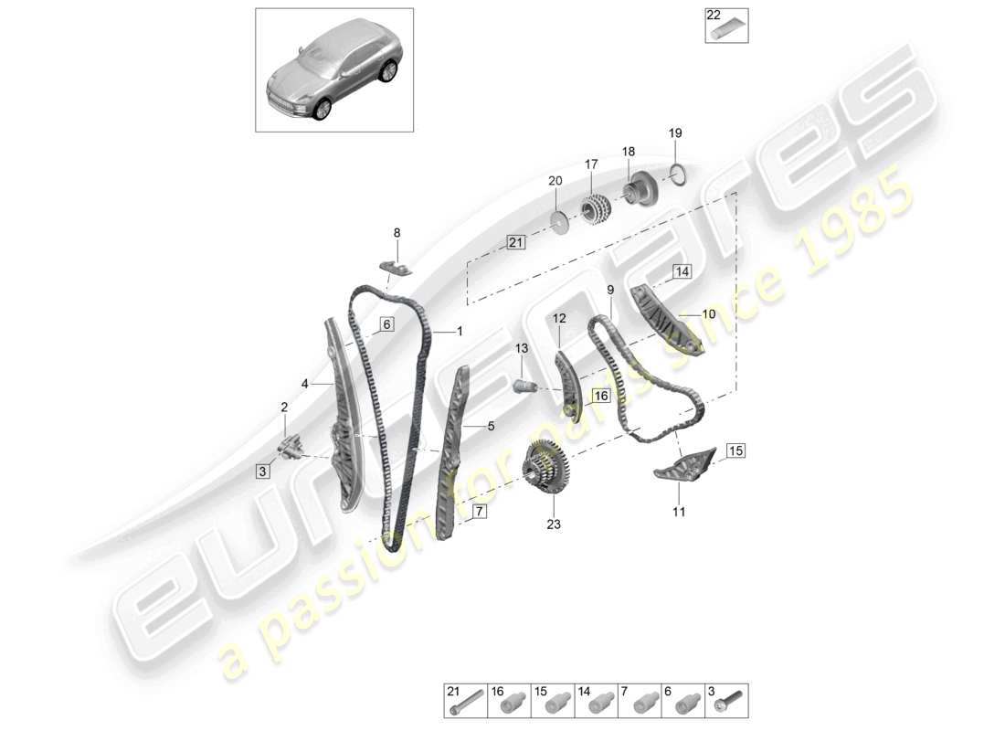 porsche 2021 (macan) tendicatena della guida di scorrimento della catena di distribuzione diagramma delle parti