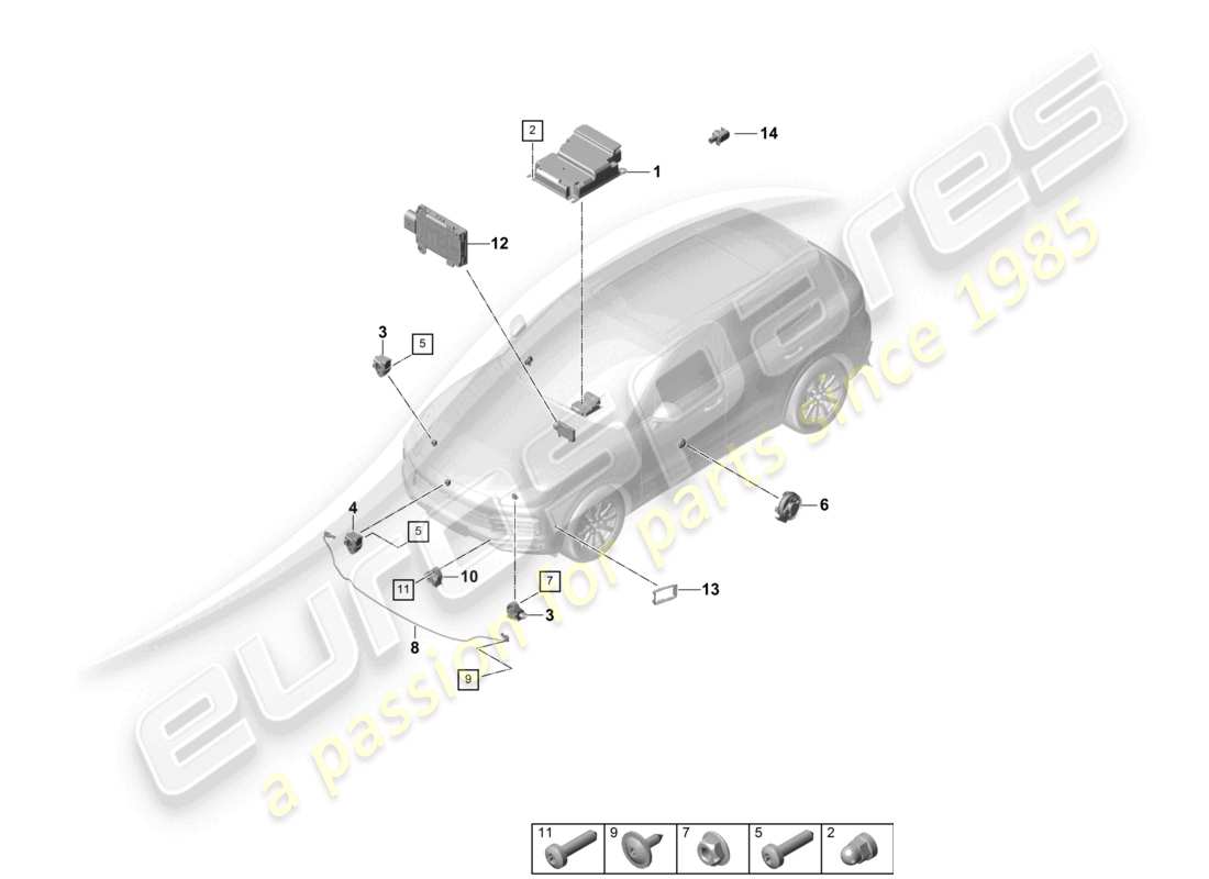porsche 2022 (cayenne e3 9ya/9yb) centralina sensori airbag sensore di pressione protezione pedoni schema delle parti